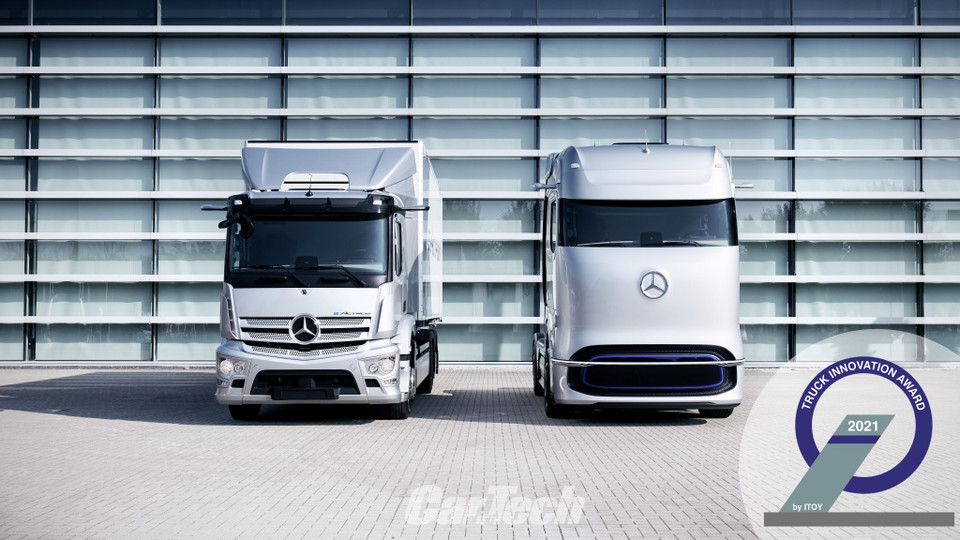 다임러트럭의 순수 전기트럭 e-악트로스(좌)와 수소연료전지 트럭 GenH2 콘셉트(우)(사진제공/다임러트럭코리아)